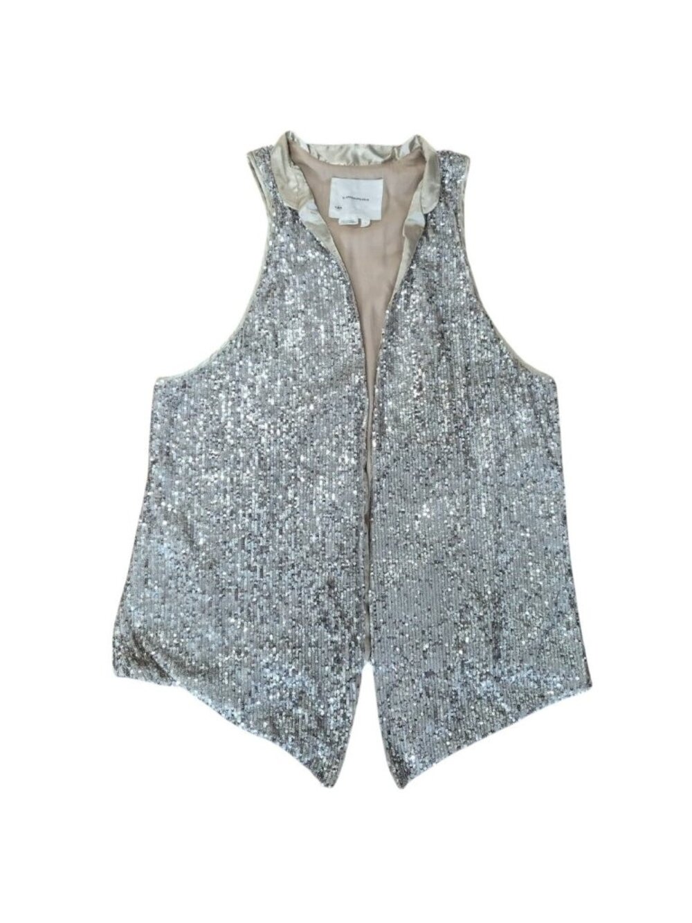 Anthropologie Sequin Open Front Vest Size L Silver Sleeveless Evening Top